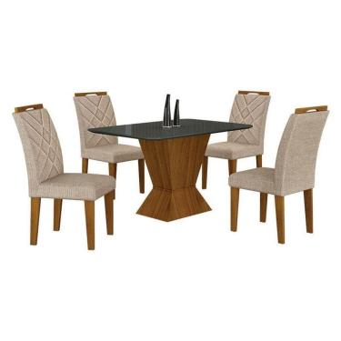 Imagem de Mesa De Jantar Larissa 120x80 Freijó Chumbo Com 4 Cadeiras Mdf Freijó Linho Palha - Leifer Móveis