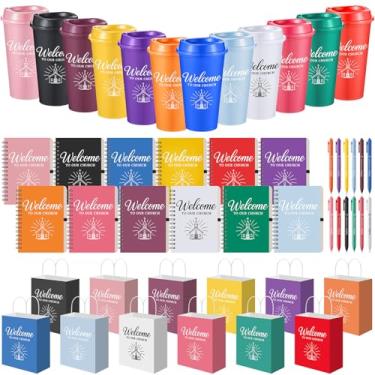 Imagem de Skylety Conjunto de 12/48 peças Welcome to Our Church Gifts Bulk Church Visitor Voluntário Apreciação Gift Conjunto de copos cristãos inclui copo com tampa/bolsa/caneta/caderno espiral para Páscoa