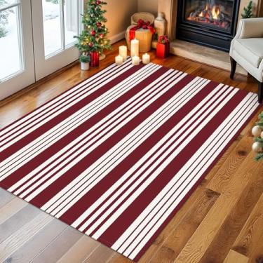 Imagem de KILOCOCO Tapete listrado – Tapete de porta frontal de 1,22 m x 1,8 m, tapete de boas-vindas ao ar livre, tapete de varanda frontal lavável de algodão em camadas para varanda da frente/fazenda/entrada, vermelho