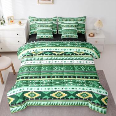 Imagem de Erosebridal Conjunto de edredom de 7 peças King asteca branco caubói verde escuro | Jogo de cama geométrica para adultos com estampa de caubói tribal do sudoeste