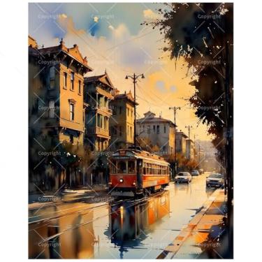 Imagem de TAOPAOLAB Kit de pintura de paisagem urbana por números para adultos - DIY vintage bonde e reflexos pintura em tela 40,6 x 50,8 cm, conjunto de tinta acrílica, adequado para iniciantes, arte para