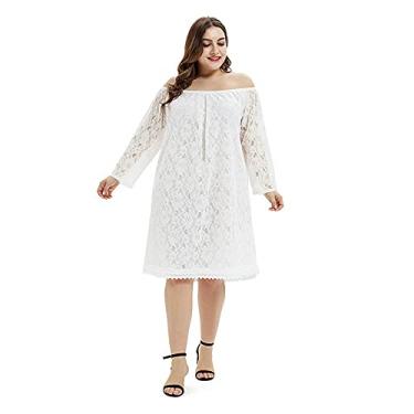 Imagem de 3FLQOOPP Saia confortável casual tamanho larg vestidos brancos pretos com mangas compridas roupas de renda (branco 1X)