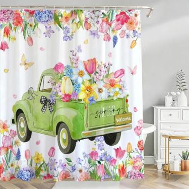Imagem de Mocsicka Cortina de chuveiro de caminhão primavera aquarela floral Hello Spring cortina de chuveiro de banheiro flor caminhão fazenda tecido impermeável cortinas de chuveiro decoração de banheira com
