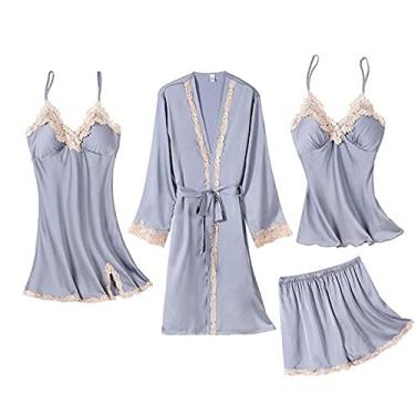 Imagem de HHHJQFAAT Pijama feminino 5 peças conjunto de pijama cami de cetim com roupão decote em V vestido de dormir floral guarnição de renda GG Borgonha-B (cinza b)