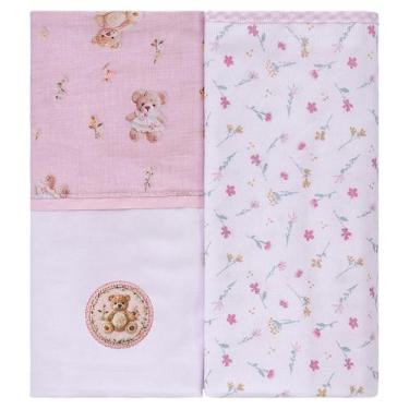 Imagem de Manta Flanelada para Bebê 2 Unidades 79cm x 80cm Baby Joy, Ursa Rosa