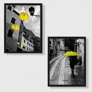 Imagem de Kit 2 Quadros Fotografias Sombrinhas Amarelas 24X18Cm