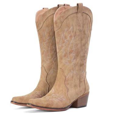 Imagem de IUV Botas caubói femininas de salto grosso, cano médio, cowgirl com bico fino, Camelo, 6.5 Wide