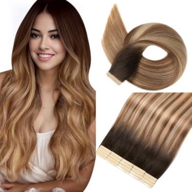 Imagem de Extensões de cabelo humano real fita adesiva de 61 cm castanho castanho para loiro sujo misto fita para extensão de cabelo de trama de pele, fita invisível em extensões de cabelo, cabelo humano remy