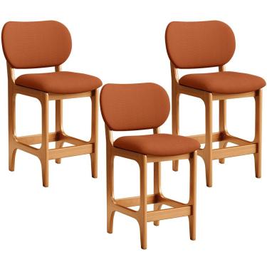 Imagem de Kit 03 Banquetas Baixa Bar Cozinha E Sala De Jantar Fixa Betta L02 Imbuia Tecido Terracota - Lyam Decor