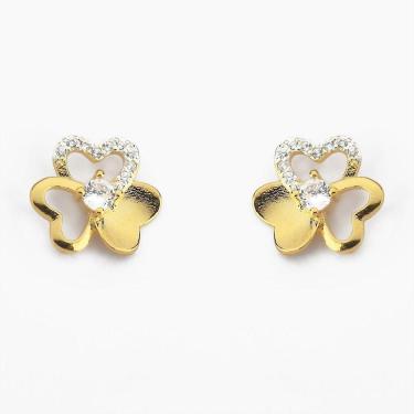 Imagem de Brinco Flor Com Duas Pétalas Vazadas E Detalhe Em Zircônia Banhado A Ouro 18k