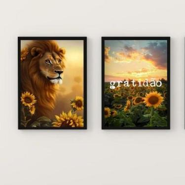 Imagem de Kit 2 Quadros Leão Girassóis 45x34cm - Vidro Branco - Quadros On-Line