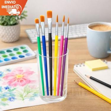 Imagem de Kit 6 Pincéis Coloridos para Pintura Escolar, Artesanato, Aquarela e A
