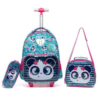 Imagem de Kit Mochila Bolsa Escolar De Rodinhas Infantil Menina Estampada Com La