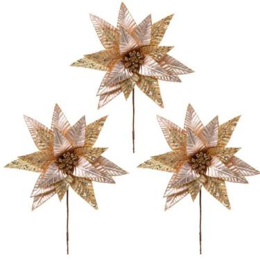 Imagem de Kit 3 Flores Bico de Papagaio Pick Natal Luxo Rosê Gold Tecido Frisado