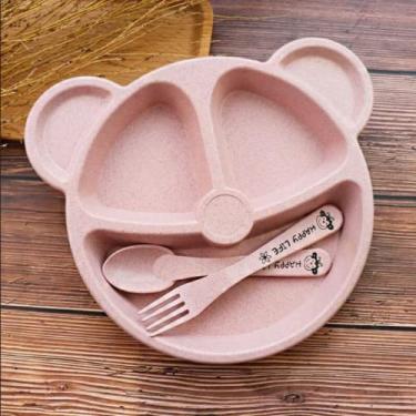 Imagem de Prato Ecologico Infantil Com Diviórias e Talheres Livre BPA Urso (rosa)