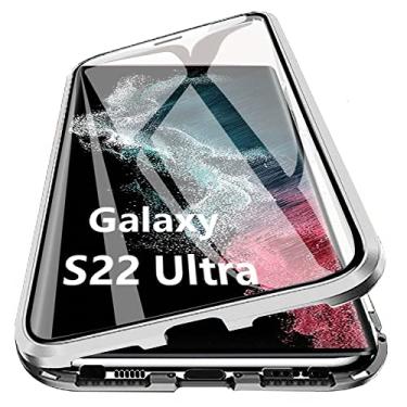 Imagem de Woskko Capa para Galaxy S22 Ultra Magnética, 360° Vidro Temperado Transparente com Adsorção Magnética Metal Alumínio Capa Para-choque para Samsung Galaxy S22 Ultra 6,8" 2022 (Prata)