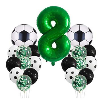 Imagem de Decorações de festa de aniversário de futebol para crianças meninos meninas bola de futebol temática 8 anos decoração de aniversário infantil número 8 balão, balão de folha de futebol, balão verde para celebração temática de futebol