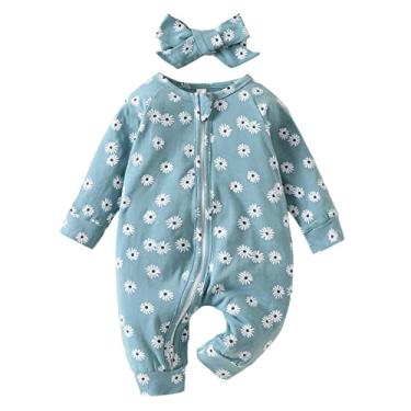 Imagem de Macacão de manga comprida para bebês recém-nascidos meninos estampa floral outono menino crianças roupas de verão, Azul, 0-3 Meses