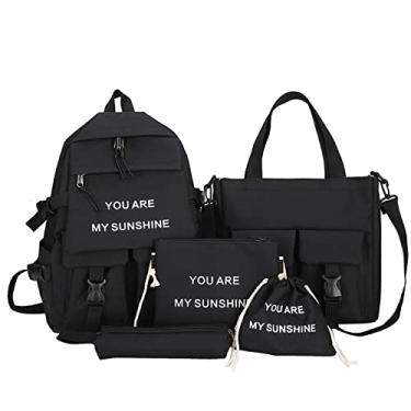 Imagem de Mochila feminina Harajuku conjunto de 5 peças nylon trabalho viagem mochila grande capacidade casual faculdade mochila com alças ajustáveis, preta, 40 * 33 cm