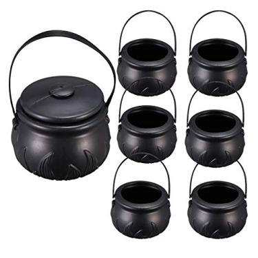 Imagem de 7 Pcs Novelty Candy Kettles with Lid Halloween Black Kettles Candy Holder Witches Cauldron with Handle (1pc Size L Without Fire Pattern, 6pcs Size S with Fire Pattern) Halloween Decoration