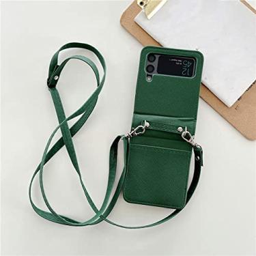 Imagem de Estojo de couro com slot para cartão de néon integrado com cordão para Samsung Galaxy Z Flip 3 Z Flip 4 5G Capa de cordão transversal para corrente, verde militar, para Samsung Z Flip 4