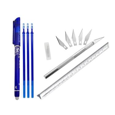 Imagem de Kit estilete bisturi + regua triangular + caneta apagavel+ refil