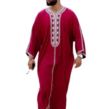Imagem de MANYUBEI Roupão muçulmano masculino, roupas étnicas do Oriente Médio, decote em V, camisa longa bordada de linho fino, Vermelho, GG