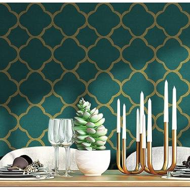 Imagem de Safiyya Papel de parede de 299.7 cm x 45.0 cm Peel and Stick Papel de parede verde dourado autoadesivo removível Treliça moderna ouro Peel and Stick Papel de parede para quarto cozinha rolo de vinil
