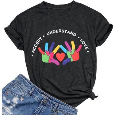 Imagem de Camiseta feminina Be Kind Autism Awareness Accept Understand Love camiseta casual manga curta gráfica tops, Cinza - A, P