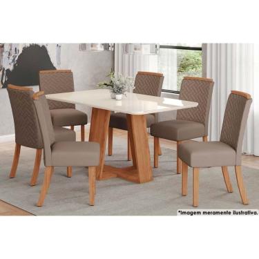 Imagem de Sala de Jantar Completa Lins c/ Tampo Madeirado c/ Vidro Curvo 160x90cm e 6 Cadeiras Malu Nature/Marrom Amêndoa - Henn