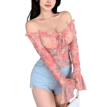 Imagem de GORGLITTER Camiseta feminina com estampa floral, ombro de fora, manga comprida, acabamento com babados, malha transparente, rosa, M