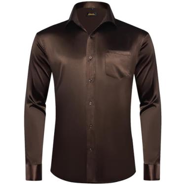 Imagem de DiBanGu Camisa social masculina manga longa cetim liso ajuste regular casual camisa de botão para festa de casamento formal, Cetim marrom escuro, XXG