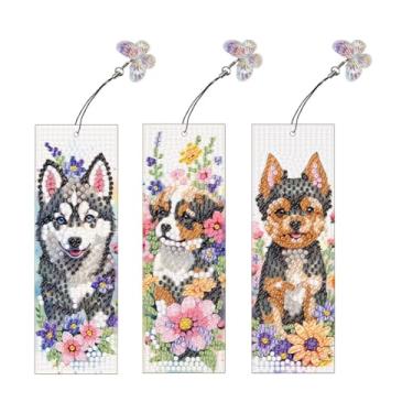 Imagem de Pigpigboss Kit de 3 peças de marcadores de página de pintura de diamante, arte de cachorro de flor, artesanato artístico de pintura acrílica para adultos amantes de cães decoração de livros