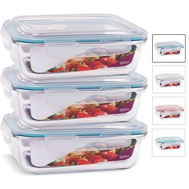 Imagem de KIT 3 Potes de Vidro Retangular com Tampa Hermética 1520ml Cor:Azul (QH)