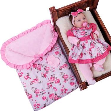 Imagem de Saída Maternidade Com Porta Bebê Menina Quentinha Charmosa 05 Peças - 