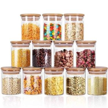 Imagem de 12 Potes De Vidro Hermetico Condimentos Tampa De Bambu 450ml - Majesti