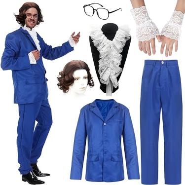 Imagem de Toulite Conjunto de 6 peças de fantasia swinger azul dos anos 60 para homens, fantasia descolada dos anos 60 com casaco azul, calças, gola de renda, lentes transparentes, óculos de renda, peruca de