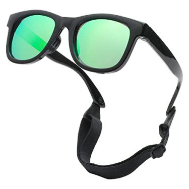 Imagem de Hycredi Óculos de sol flexíveis polarizados para bebês com alça para recém-nascidos de 0 a 18 meses, 100% de proteção UV, A3 preto/verde espelhado
