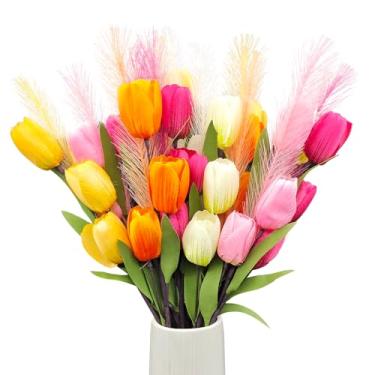 Imagem de Carfoeny Tulipas de seda, flores artificiais, 10 peças, 30 cabeças, buquê floral falso de tulipa falsa para decoração de casa, mesas de quarto, centros de mesa, arranjo de escritório, decorações de