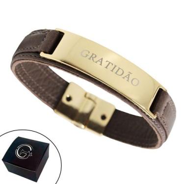 Imagem de Pulseira de Couro Masculina Feminina Gratidão Magnética Dourada Seja G