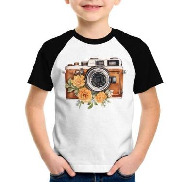 Imagem de Camiseta Raglan Infantil Máquina Fotográfica Vintage e Flores - Foca n