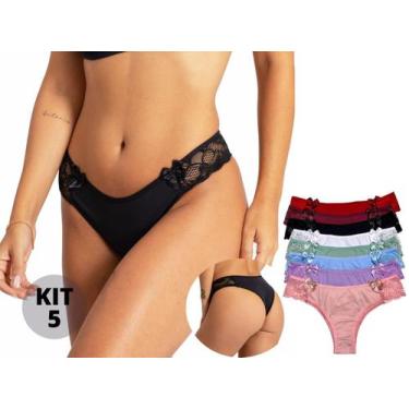 Imagem de Kit 5 Calcinhas Tangas Feminina em Microfibra com Renda Tradicional - 