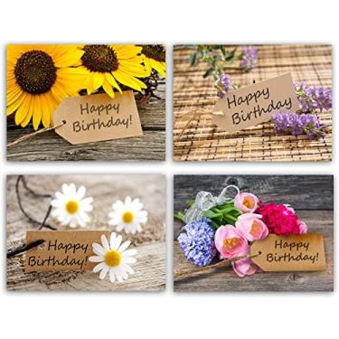 Imagem de Small World Greetings Cartões de notas Flower Happy Birthday 12 unidades - Dentro em branco com envelopes - Tamanho A2 (14 x 10,8 cm) - família, amigos, colegas e mais