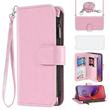 Imagem de Capa de celular para Motorola Moto G84 5G carteira celular com protetor de tela de vidro temperado alça transversal ombro flip zíper suporte para cartão de crédito G 84 2023 mulheres meninas homens