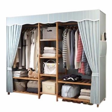 Imagem de Guarda-roupa Novo armário de guarda-roupa duplo reforçado engrossado madeira maciça pendurado guarda-roupa borla listra azul oxford pano tecido armário armário