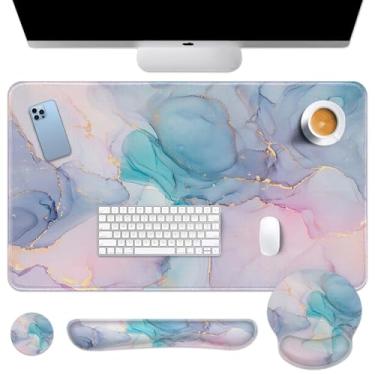 Imagem de Arttown Tapete de mesa azul rosa conjunto de mouse pad de mármore 4 em 1 roxo dourado gradiente design ergonômico grande almofada de mesa + descanso de pulso para teclado + descanso de pulso para