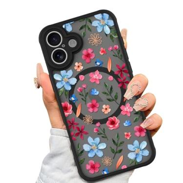 Imagem de AIGOMARA Capa magnética para iPhone 16 Plus [compatível com MagSafe] linda flor rosa azul padrão floral TPU macio amortecedor rígido PC traseiro antiqueda à prova de choque capa fina para mulheres