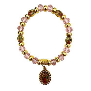 Imagem de RBN Our Lady of Guadalupe Favor Batismo Primeira Comunhão Pulseira Rosa Proteção Prosperidade Boa Sorte Pulsera De La Virgen Maria Católica Pulseira elástica - 12 peças, Acrílico, acrílico