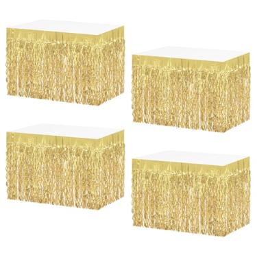 Imagem de MZJU Saias de mesa 4P onduladas metálicas com franjas para mesas retangulares, cortinas de guirlanda, para desfile, boias, casamentos, festas de aniversário, Halloween, Natal (ouro claro)
