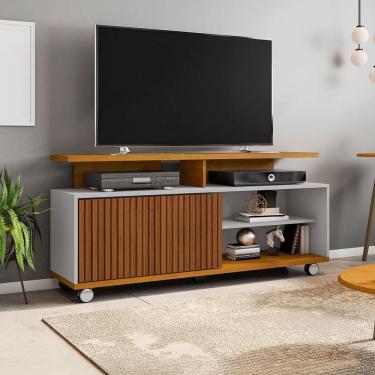 Imagem de Rack para TV Até 52 Polegadas 1 Porta Topázio Ripado 3d Naturallle/Off White - Móveis Bechara